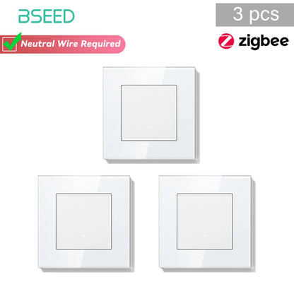 Bseed Zigbee Button Switchs Need Neutral Wire Tuya Smart Life Alexa App Control Glass Frame 86*86mm White Light Switch