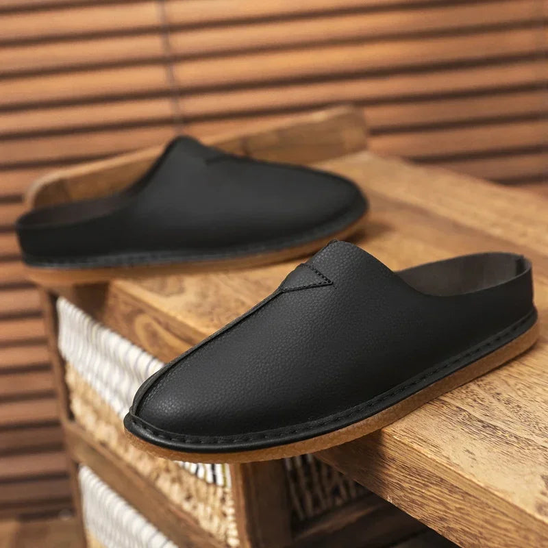 Fashion Leather Men Casual Shoes Slip on Man Loafers Breathable Soft Half Slippers Summer Flats Lightweight Lazy Driving Shoes