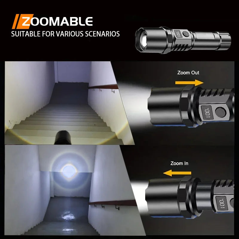 10000LM High Power LED Flashlight Long-range USB C Rechargeable Flashlight Power Display Zoom Lantern For Outdoor Camping Torch