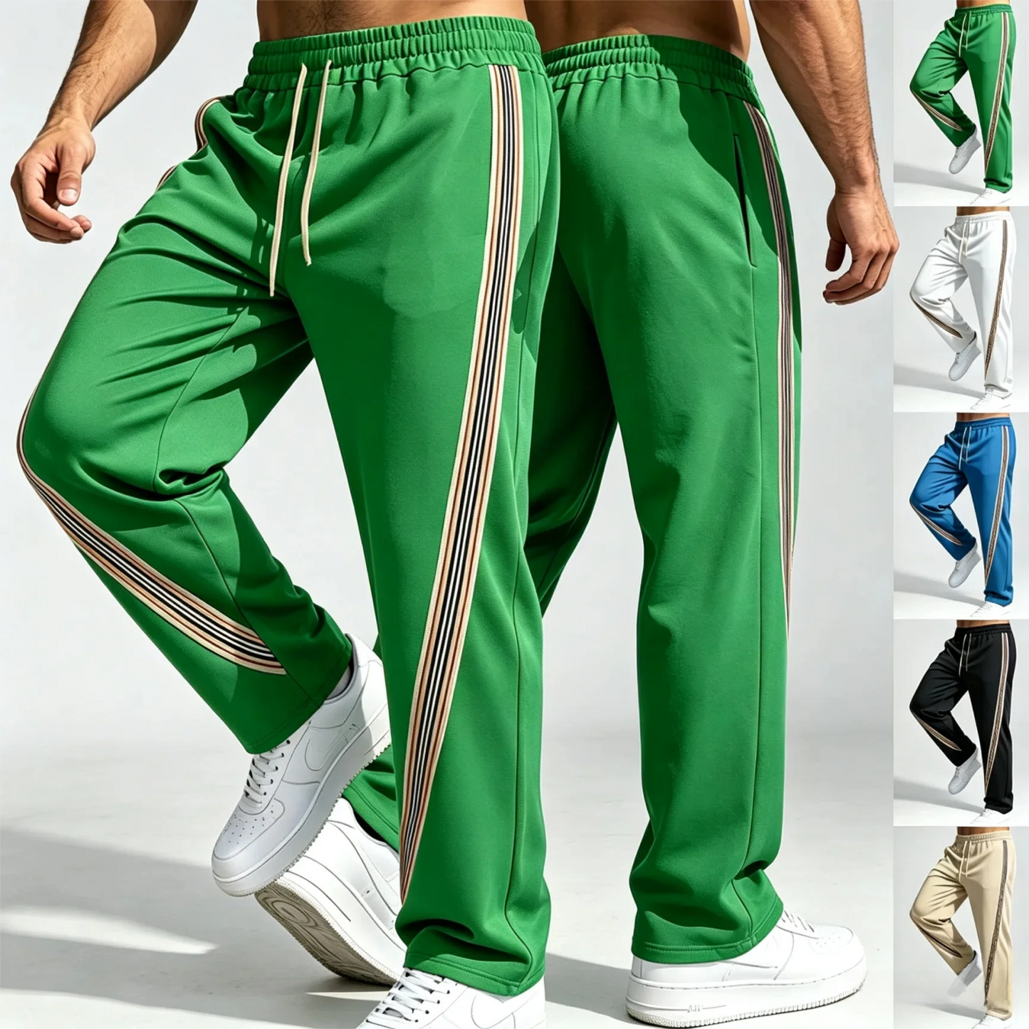 Men Striped Side Track Pants Elastic Drawstring Waist Sweatpants Straight Leg Joggers Streetwear Loose Sport Pants Daily Workout