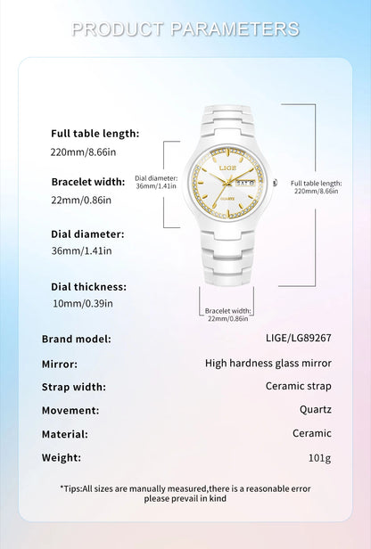LIGE Women's wristwatch elegant women's watch ceramic quartz waterproof clock week calendar fashion Watch for Women reloj mujer