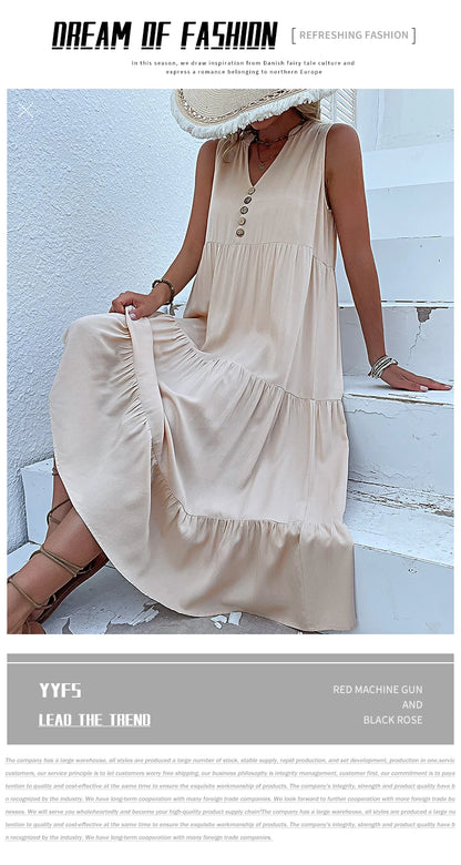 Casual Summer Midi Dress Women Sleeveless Tank V Neck Buttons Ruffle Loose Dresses Beach Soild Sundress Fashion