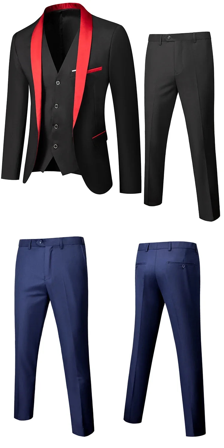 Black White Men Autumn Wedding Party Three Pieces Set Large Size Male Blazer Coat Pants and Vest Fashion Slim Fit Suit
