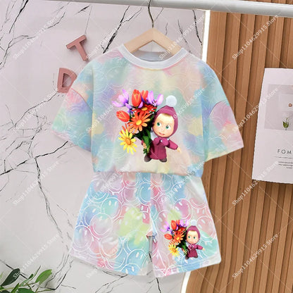 Mashas and The Bear Sets Summer Outdoor Breathable Soft Lightweight Casual Tracksuit Kawaii Anime Fashion Smile Outfit Set Gifts