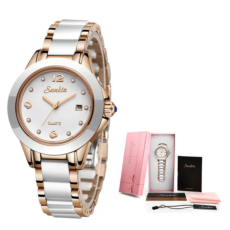 LIGE Brand SUNKTA Fashion Casual Woman Watch Ceramic Simple Bracelet Quartz Ladies Watches Date Waterproof Women's Wristwatches