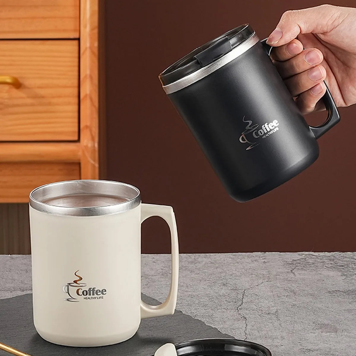 450ML Thermos Mug 304 Stainless Steel Double Wall Insulated Milk Coffee Cup With Handle & Lid Leak-proof Drinking Cup Drinkware