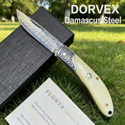 Damascus Steel Pocket Knife Cowbone Handle Outdoor Folding Knife High Hardness Wilderness Camping Survival and Self-Defense TOOL