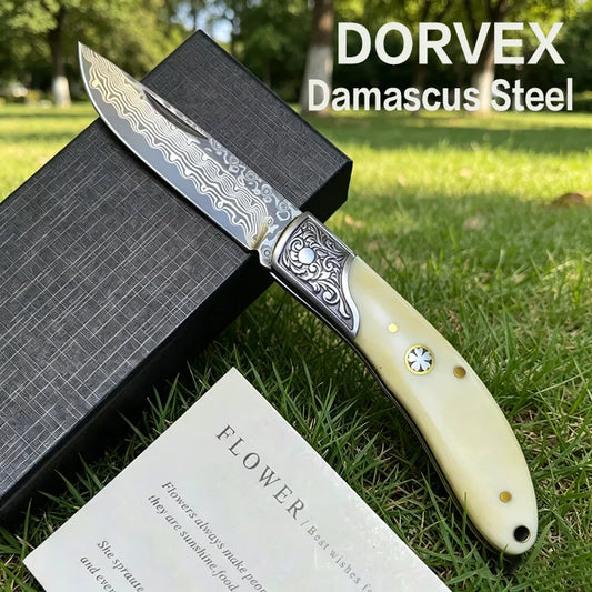 Damascus Steel Pocket Knife Cowbone Handle Outdoor Folding Knife High Hardness Wilderness Camping Survival and Self-Defense TOOL