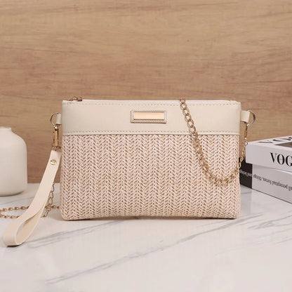 Chain Strap Women's Crossbody Bags For Travel/Vacation, Summer Straw Shoulder Bag With Wrist Strap, Ladies Handbags And Purses