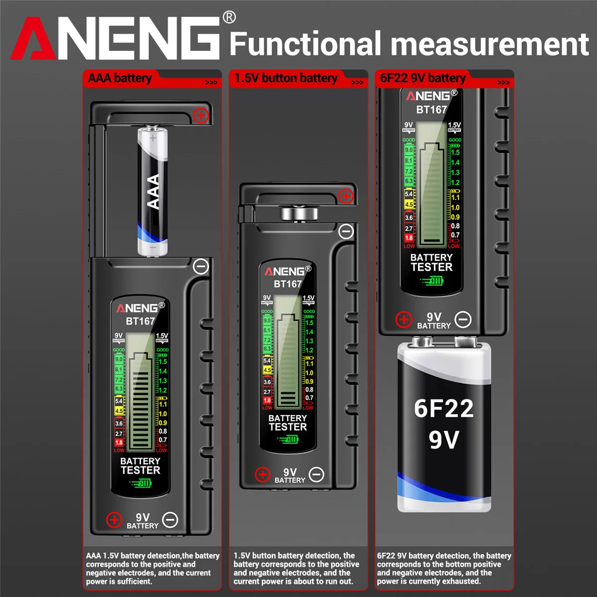 ANENG BT167 household battery level tester does not require power supply to measure D/C/AA/AAA/9V/button battery level detector
