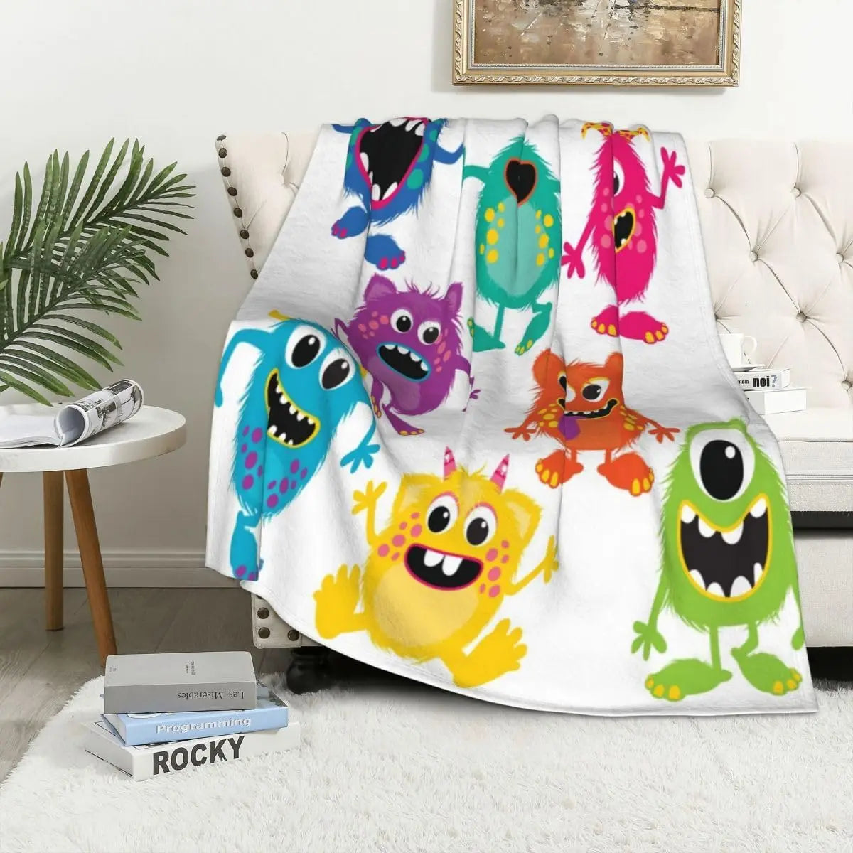 Colorful Cute Cartoon Furry Monster Repeating Print White Base Flannel Throw Blanket,Soft Warm Sofa Cover,Kids Bedroom Rest Gift