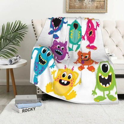 Colorful Cute Cartoon Furry Monster Repeating Print White Base Flannel Throw Blanket,Soft Warm Sofa Cover,Kids Bedroom Rest Gift