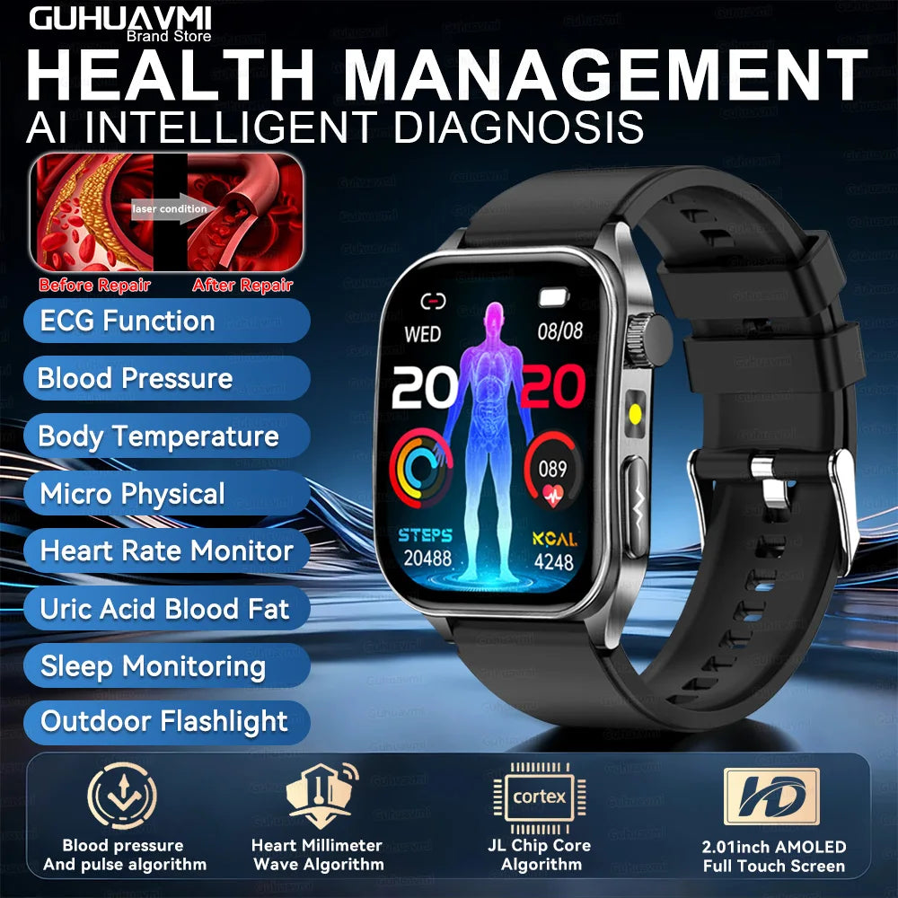 GUHUAVMI New Laser Therapy ECG+PPG Smart Watch Health Monitor Blood Lipids Uric Acid Heart Rate Tracking Monitoring Smartwatches