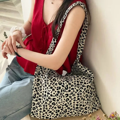 Female Leopard Print Messenger Bag Modern Shoulder Canvas Bag Student Diagonal Large Capacity Straddle Bag