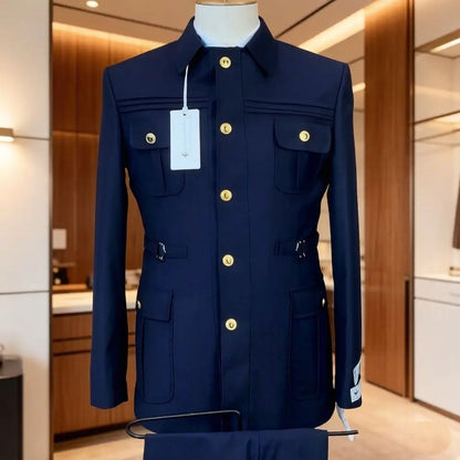 Safari Suits for Men with Stand Collar 2 Pieces Single Breasted Wedding Suit Gold Buttons Formal Casual Groom Prom Wear