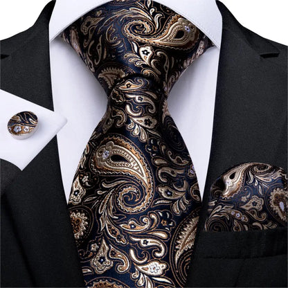 Fashion Men Tie Luxury Gold Black Dot Striped Paisley Silk Wedding Tie For Men DiBanGu Designer Hanky Cufflinks Gift Tie Set