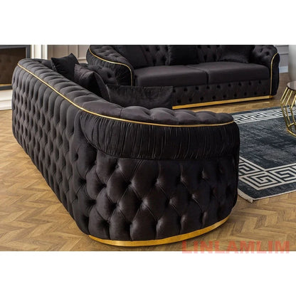 Luxury Chesterfield Sectional Sofa Set with Cloth Buttons and Fabric Modular Couch with Gold Stainless Steel Base, 3-seater Sofa