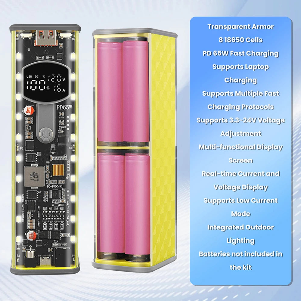 65W PD Fast Charge 8-Cell Solderless 18650 Power Bank Case 3.3-24V Adjustable DC DIY Battery Box LED Display Outdoor Light