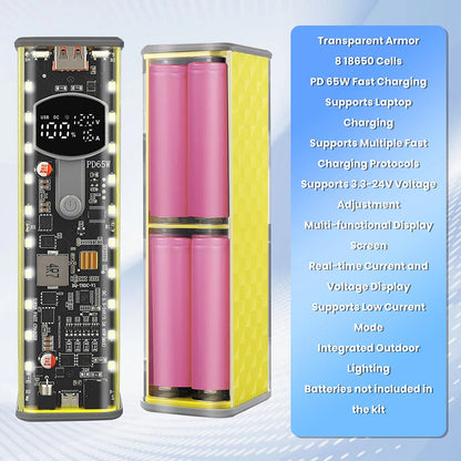 65W PD Fast Charge 8-Cell Solderless 18650 Power Bank Case 3.3-24V Adjustable DC DIY Battery Box LED Display Outdoor Light