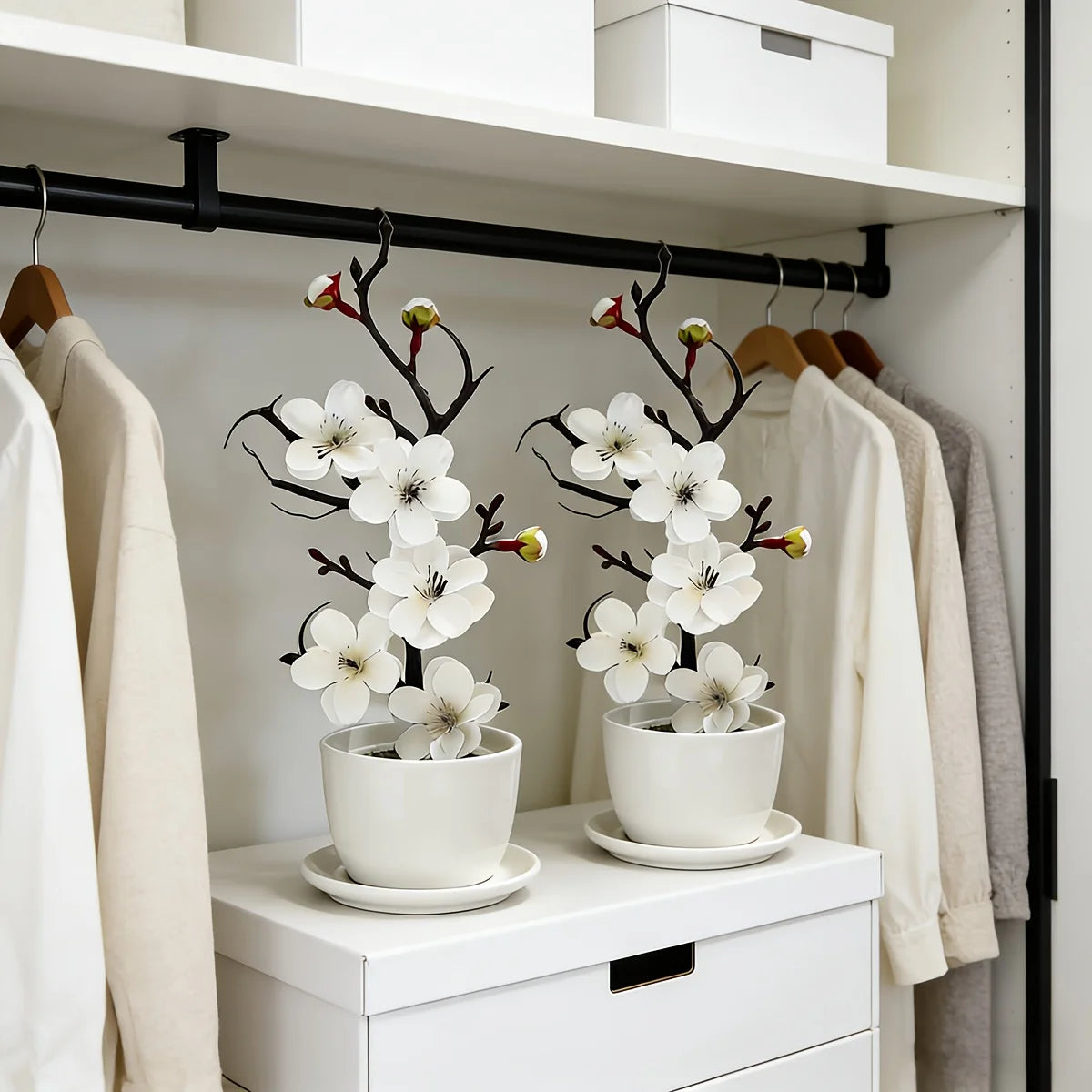 2Pcs Realistic Cream White Wintersweet Artificial Flowers, All-Season Faux Flowers for Holiday Home DIY Decor (No Vase)