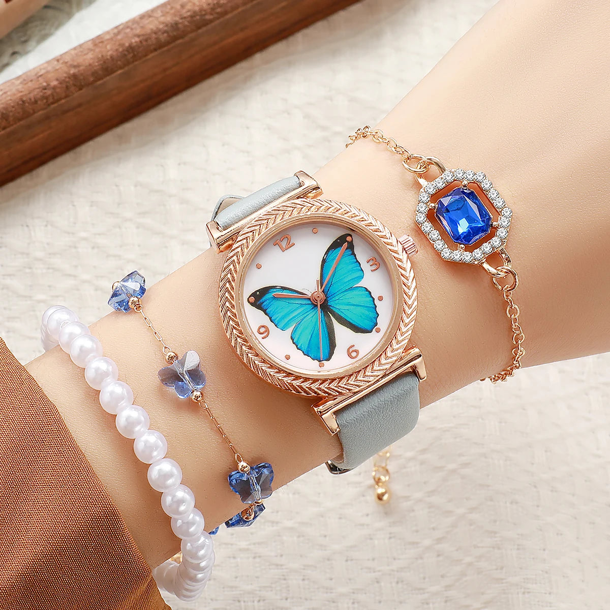 Dreamy Blue Butterfly Watch Jewelry Set | Grey Leather Strap | Pearl & Crystal Accents | 3-Piece Gift Set for Women