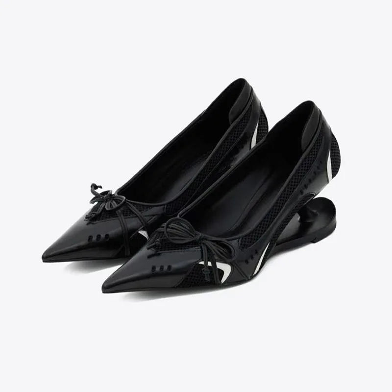 Women's Designer Dress Shoes Special Heel Spliced Heels Pointed Toe High Heels Shallow Mouth Bow Non-Slip Mary Jane Single Shoes