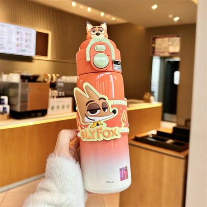 X&W  Zootopia Judy Nick Stainless Steel Insulated Cup Double Drinking Straw Cup Warm and Cold Proof Outdoor Sports Water Bottle