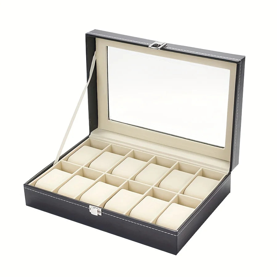 1pc Watch Organizer - 12-Slot Display Case with Lock & Removable Pillows | Synthetic Leather Storage for Men/Gifts/Travel