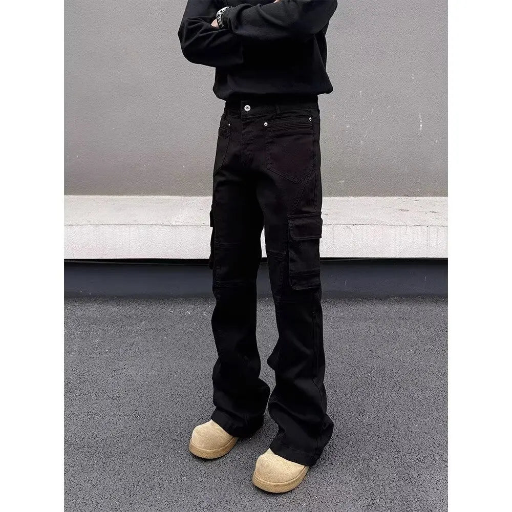 American style Vibe retro heavy industry multi pocket splicing workwear jeans men's straight tube micro flared slim fit long pan