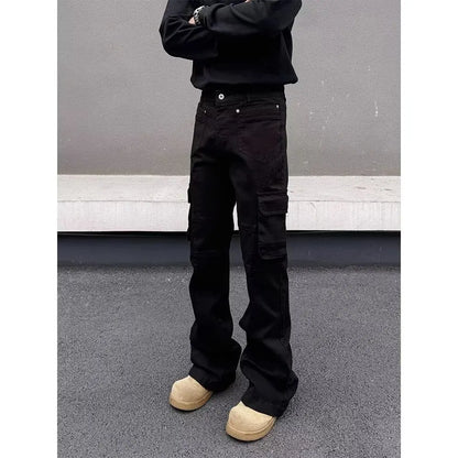 American style Vibe retro heavy industry multi pocket splicing workwear jeans men's straight tube micro flared slim fit long pan