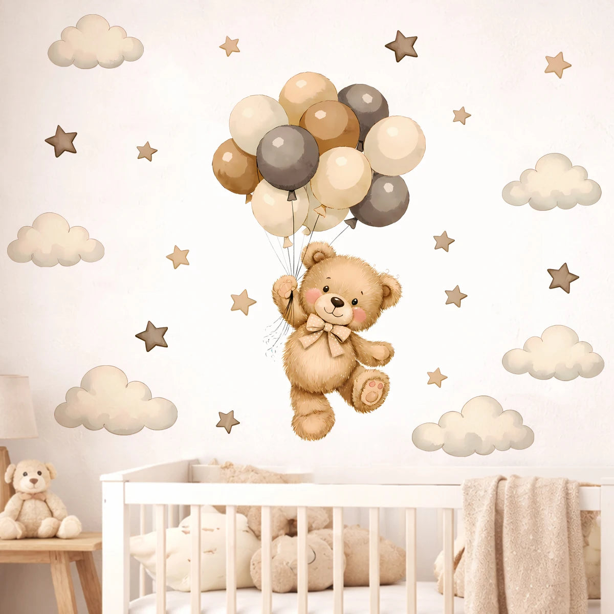 Adorable Teddy Bear Balloons Stars Clouds Wall Sticker Nursery Child Room Art Vinyl Decal Kids Room Bedroom Living Home Decor