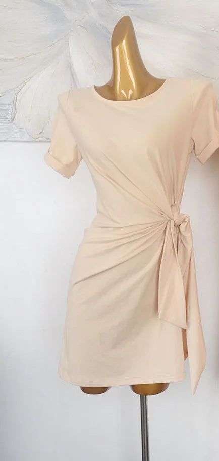 French Chic Side Twist Knot Mini Dress Women O Neck Short Sleeve Solid Color Wrap Dress Slim Fit Casual Holiday Short Robe