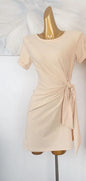 French Chic Side Twist Knot Mini Dress Women O Neck Short Sleeve Solid Color Wrap Dress Slim Fit Casual Holiday Short Robe