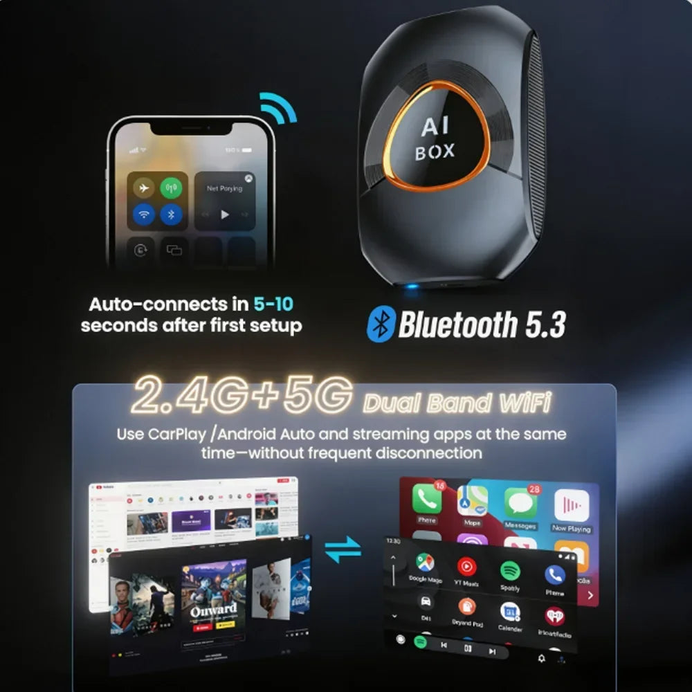 CarRocket Android 15.0 System AI Box Wireless CarPlay & Auto Adapter 4K Video Support Compatible with Factory CarPlay & Android
