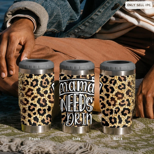 Mama Needs a Drink Leopard Vacuum Flasks 4-in-1 Stainless Steel Can Cooler Insulated Beer Soda Coffee Holder Dual Lids Fits 12oz