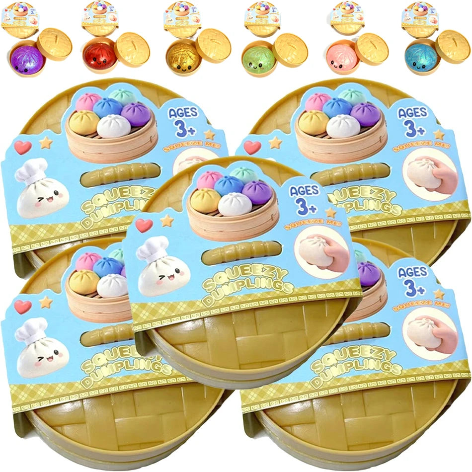 Colorful Dumpling Squishes Stress Balls Fidget Sensory Toys Simulation Food Squishies Bun with Steamer Squeeze Dough Ball Gifts