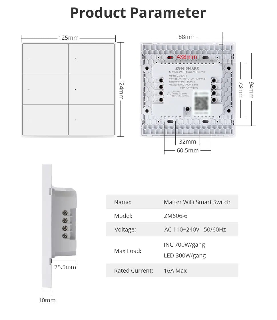 Zemismart Matter WiFi 1 2 3 4 6 Gangs Smart Wall Light Switch Neutral Required with Big Button SmartThings App Homekit Control