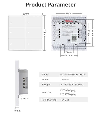 Zemismart Matter WiFi 1 2 3 4 6 Gangs Smart Wall Light Switch Neutral Required with Big Button SmartThings App Homekit Control