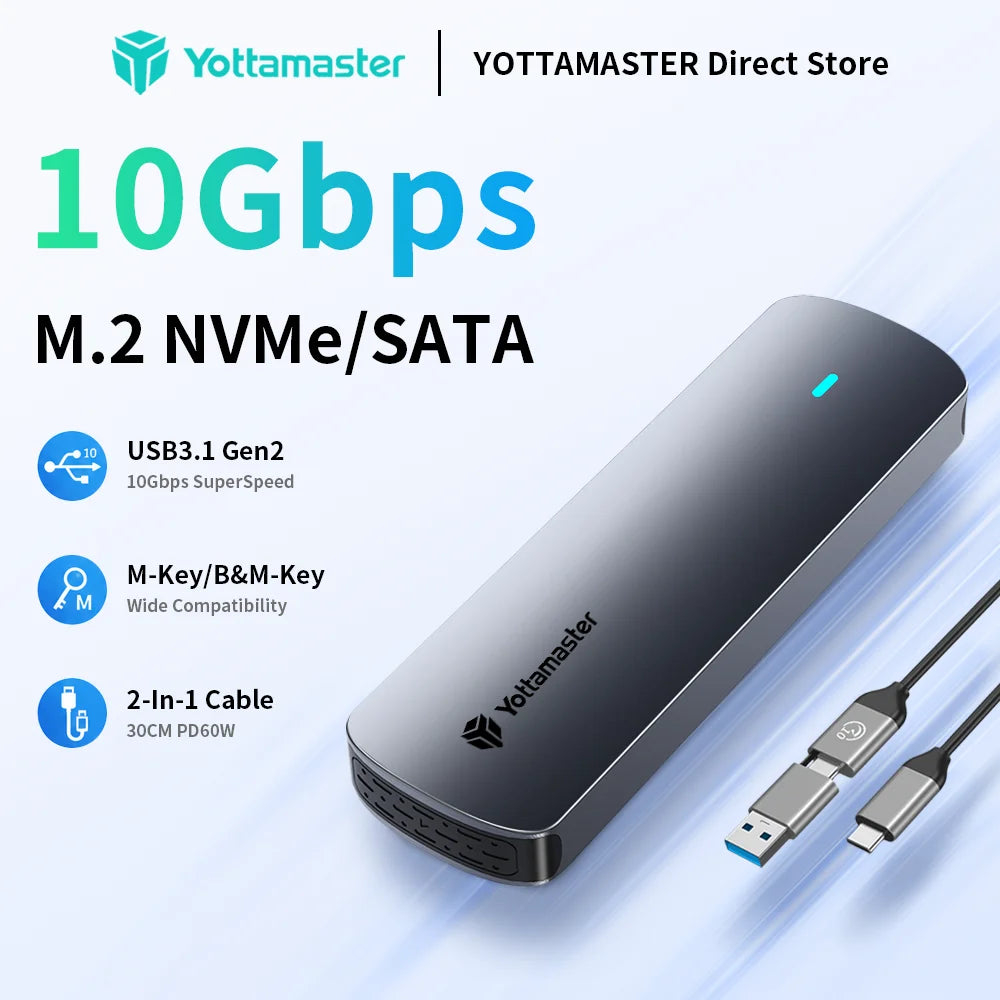 Yottamaster SATA M.2 NVMe SSD Enclosure Dual Portocol NVMe to USB Adapter USB 3.1 Gen2 USB C External Case Box Aluminum alloy