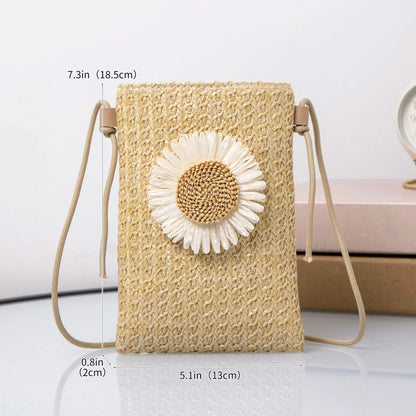 Stylish Flower Woven Small Bag for Women Teen Crossbody Purse, Summer Chic Leisure Mobile Phone Bag, Single Knit Shoulder Bag