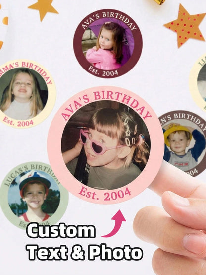 Custom Photo Stickers Personalized Waterproof Round Text Labels Custom Image Birthday Party Gift Wrapping Decor DIY Souvenir Kit