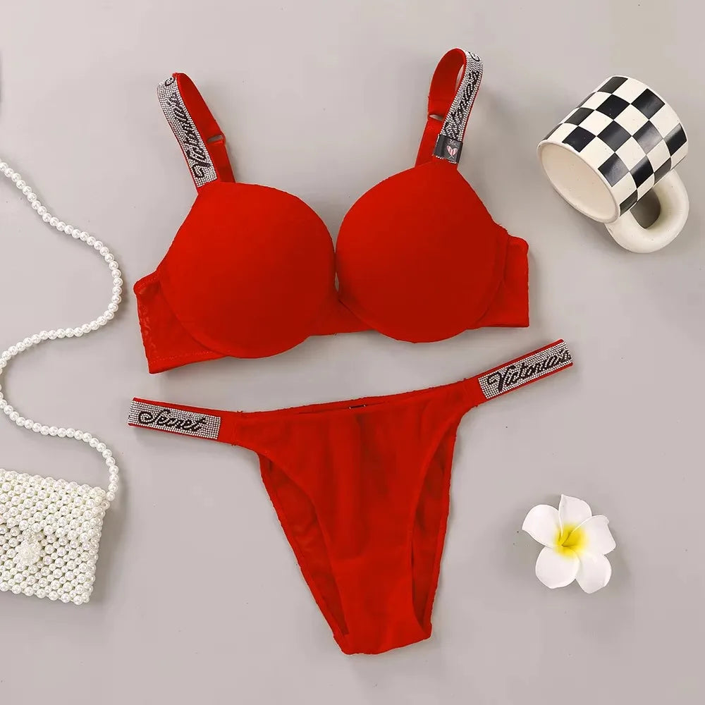 Victoria's Secret Lingerie Set Heart Pattern Trim Stretchy Breathable underwear Set Women's Sexy Lace Bralette Bra and Panty Set