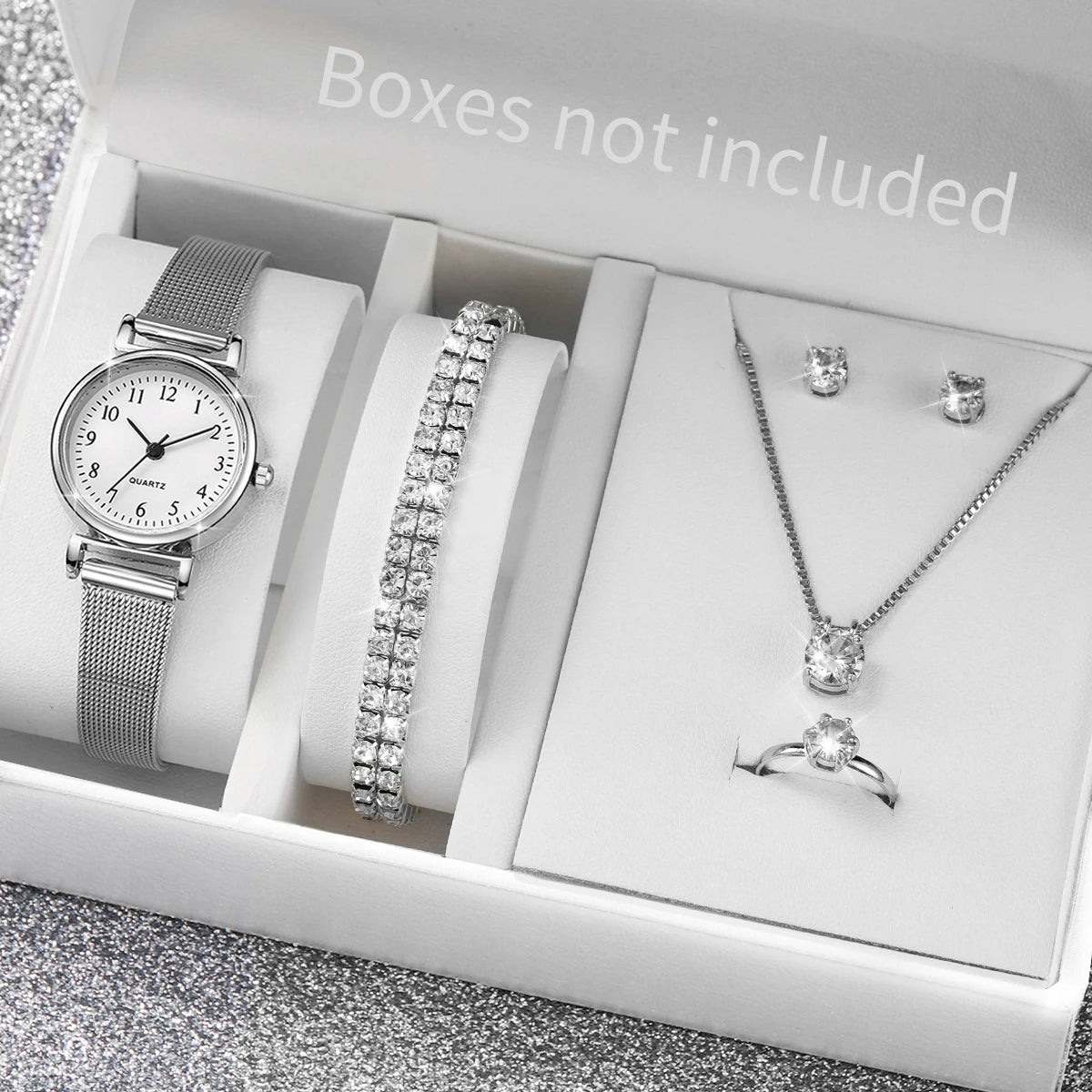6PCS Fashion Women Watches Small Arabic Dial Quartz Watch Ladies Silver Mesh Band Wristwatches Jewelry Reloj Mujer（Without Box）