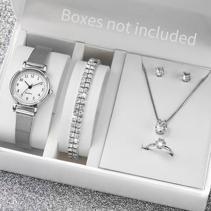 6PCS Fashion Women Watches Small Arabic Dial Quartz Watch Ladies Silver Mesh Band Wristwatches Jewelry Reloj Mujer（Without Box）