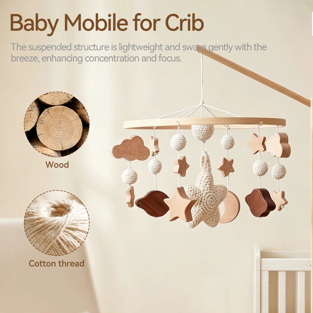 Starry Sky Crib Mobile 360 Degree Rotation Baby Toys Wooden Stars Mobile Rattle Toys Moon Bed Bell Sensory Baby Hanging Toys