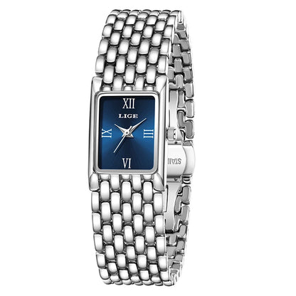 LIGE New Design Ladies Watch Fashion Quartz Wristwatch Silver Simple Square Women Watches Luxury Stainless Steel Folding Clock