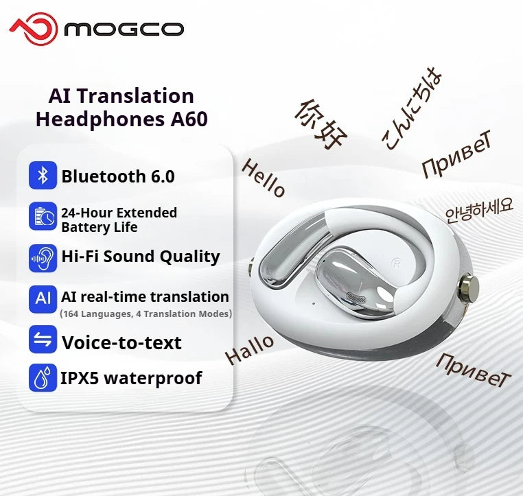 A60 Business Translator Earbuds Real-Time 164 Languages AI Headset Bluetooth 6.0 Wireless for Meetings HD Call