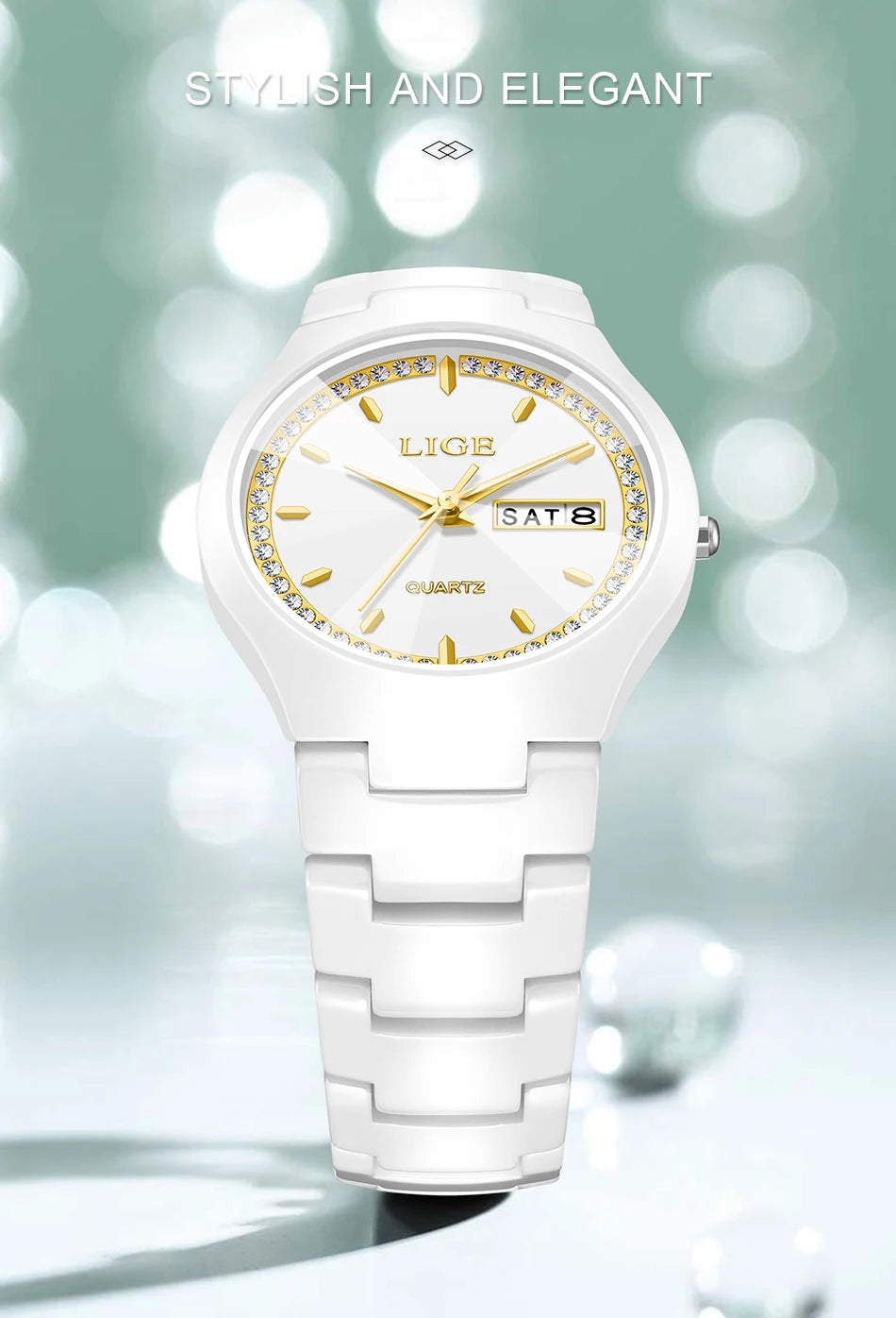 LIGE Women's wristwatch elegant women's watch ceramic quartz waterproof clock week calendar fashion Watch for Women reloj mujer