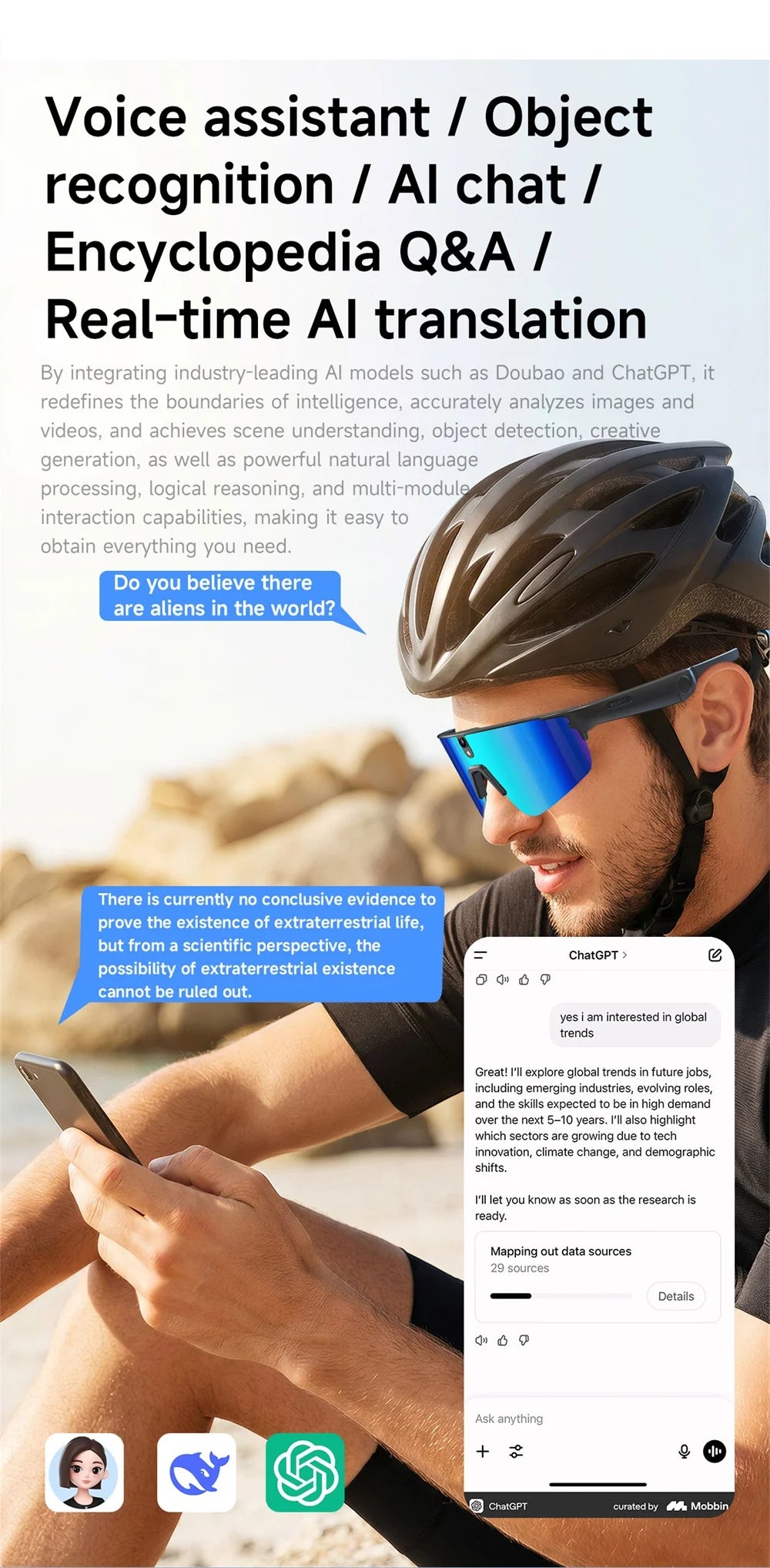 Inteligentne okulary rowerowe AI 4K HD z kamerą 800W, połączenia Bluetooth, tłumaczenie, stabilizacja obrazu, przeciwsłoneczne, dla mężczyzn i kobiet, anty-UV, wodoodporne, muzyka