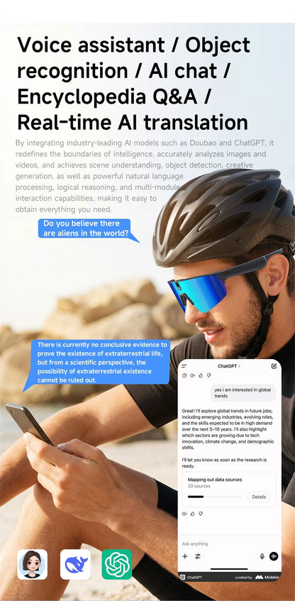 Inteligentne okulary rowerowe AI 4K HD z kamerą 800W, połączenia Bluetooth, tłumaczenie, stabilizacja obrazu, przeciwsłoneczne, dla mężczyzn i kobiet, anty-UV, wodoodporne, muzyka
